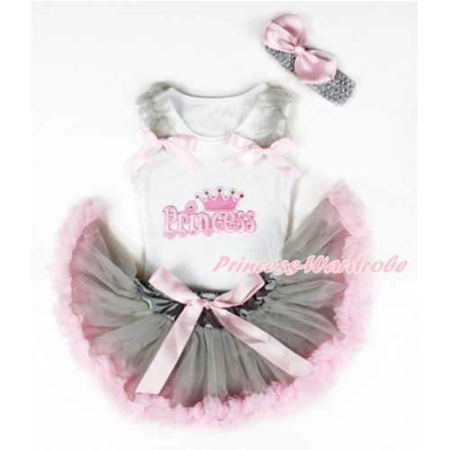 White Baby Pettitop with Princess Print with Grey Ruffles & Light Pink Bows & Grey Light Pink Newborn Pettiskirt With Grey Headband Light Pink Silk Bow NG1324 